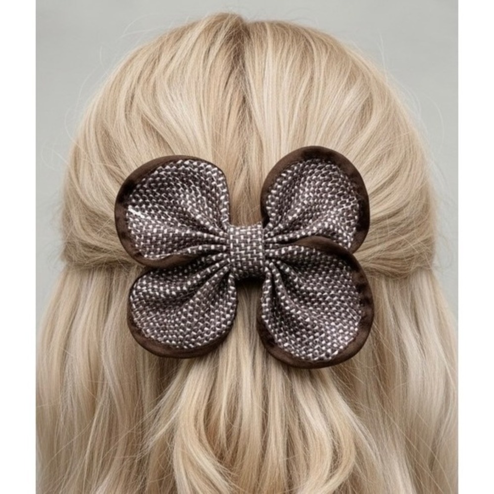 Vintage Brown White Woven Burlap Style Texture Double-loop Bow Hair Barrette
